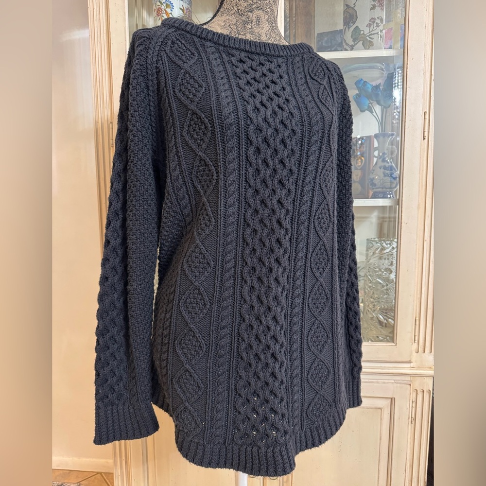 LL Bean Signature Boat Neck Cotton Cable Knit Sweater Tunic Zip Side Charcoal